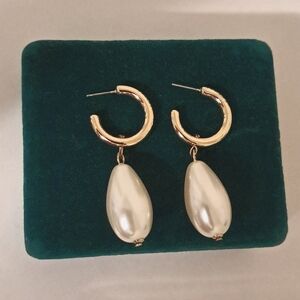 Large Teardrop Pearl Gold Hoop Earrings
